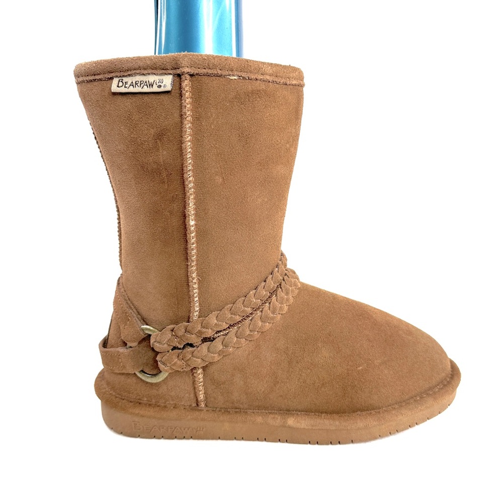Bearpaw Adele Women Size 6 Brown Suede Boot Winter Braided Harness Wool Lining